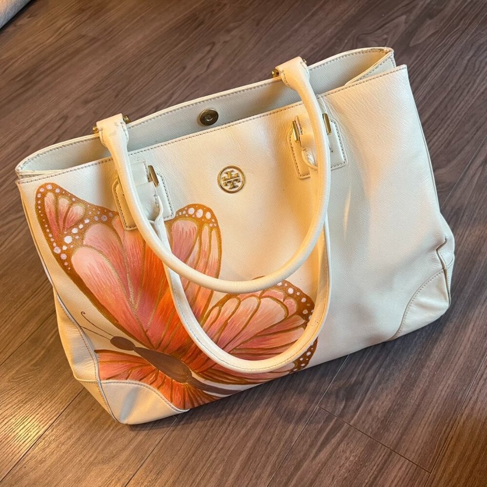 Tory Burch Robinson Tote – Hand-Painted Butterfly – OOAK Statement Bag